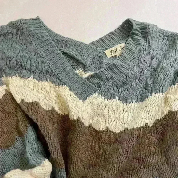 Listicle Cable Knit Striped Grandpa Drop Shoulder Pullover Sweater size small - Picture 4 of 7